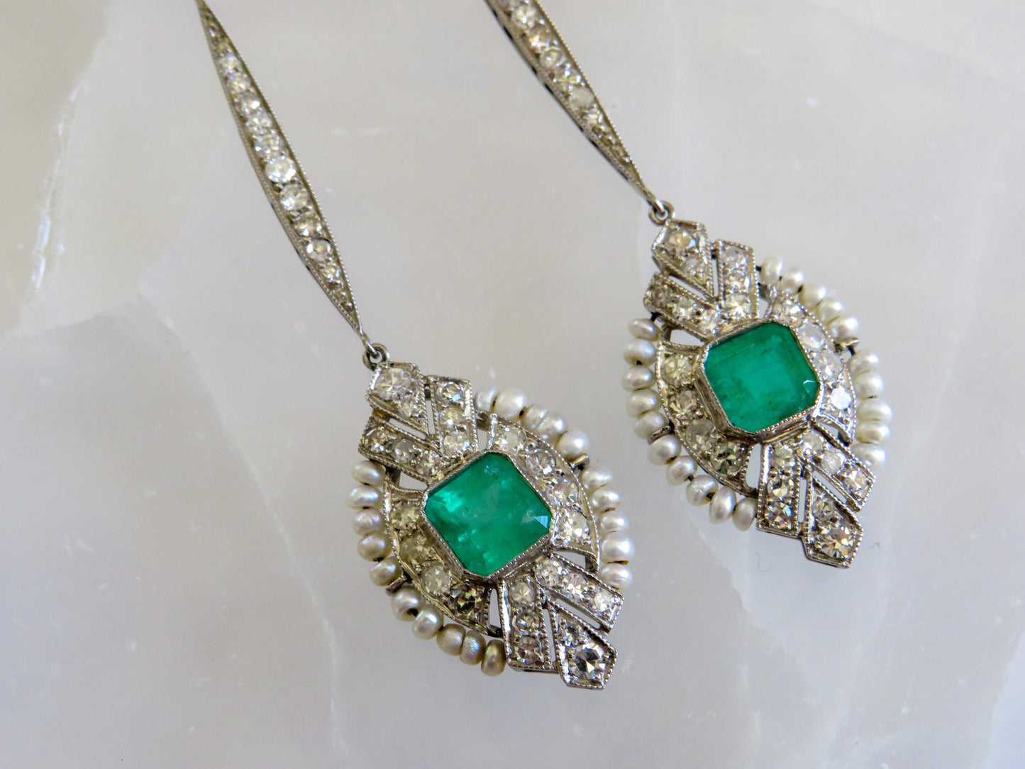 Art Deco Emerald & Diamond Cocktail Earrings | Platinum, Pearls and Old-Cut Diamonds