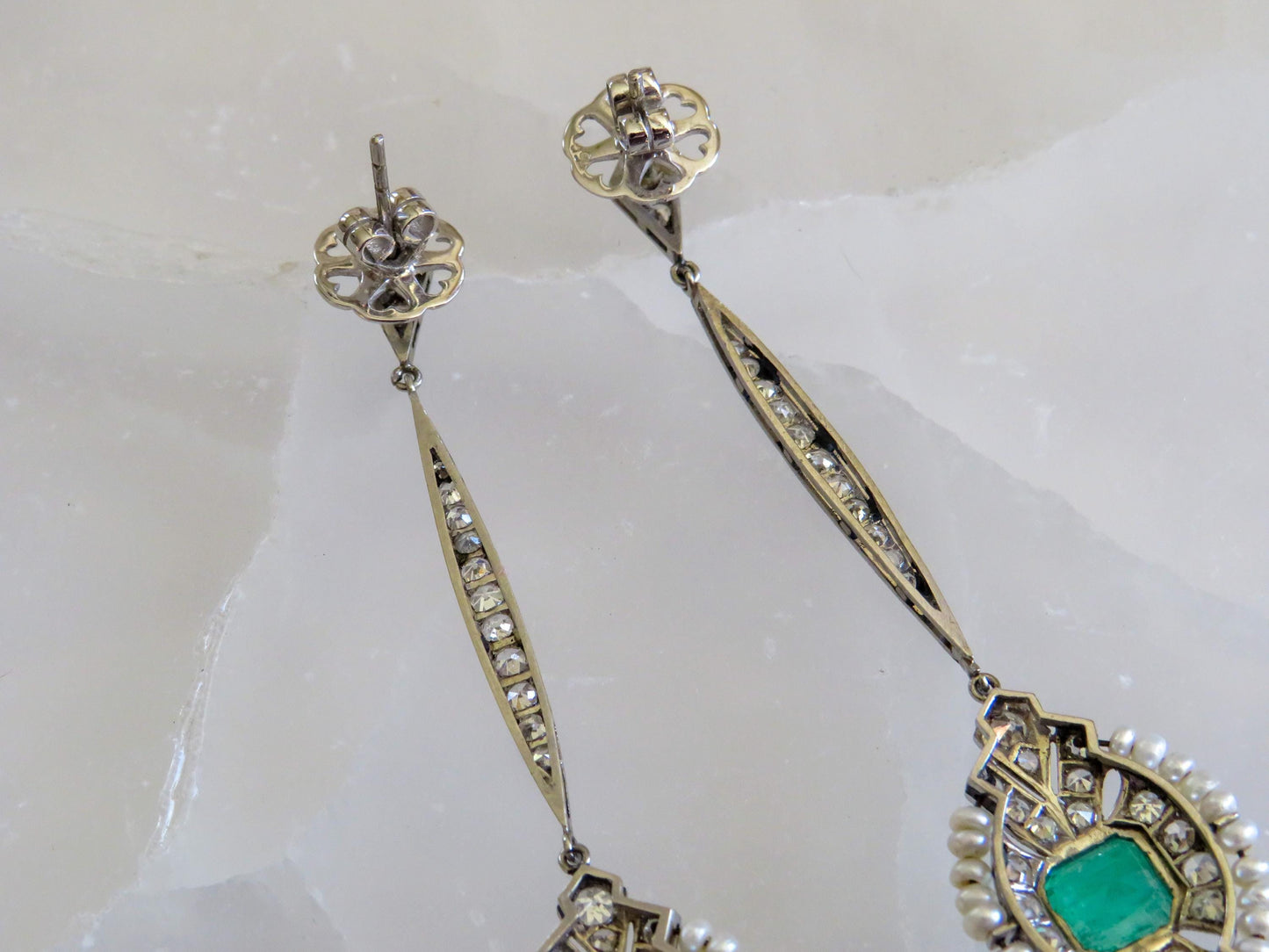 Art Deco Emerald & Diamond Cocktail Earrings | Platinum, Pearls and Old-Cut Diamonds