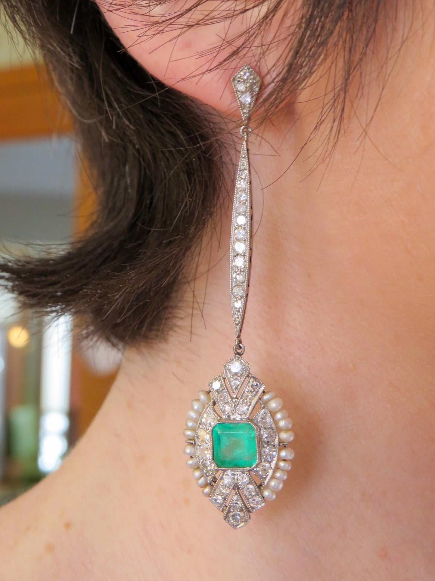 Art Deco Emerald & Diamond Cocktail Earrings | Platinum, Pearls and Old-Cut Diamonds