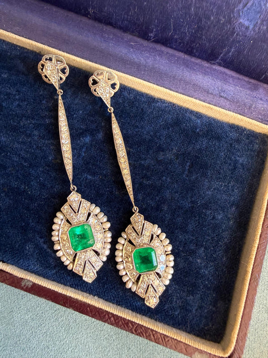Art Deco Emerald & Diamond Cocktail Earrings | Platinum, Pearls and Old-Cut Diamonds