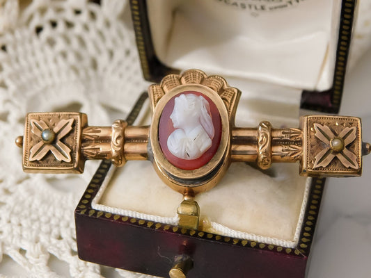 Victorian Gold Fill and Seed Pearl Bar Brooch with Cameo