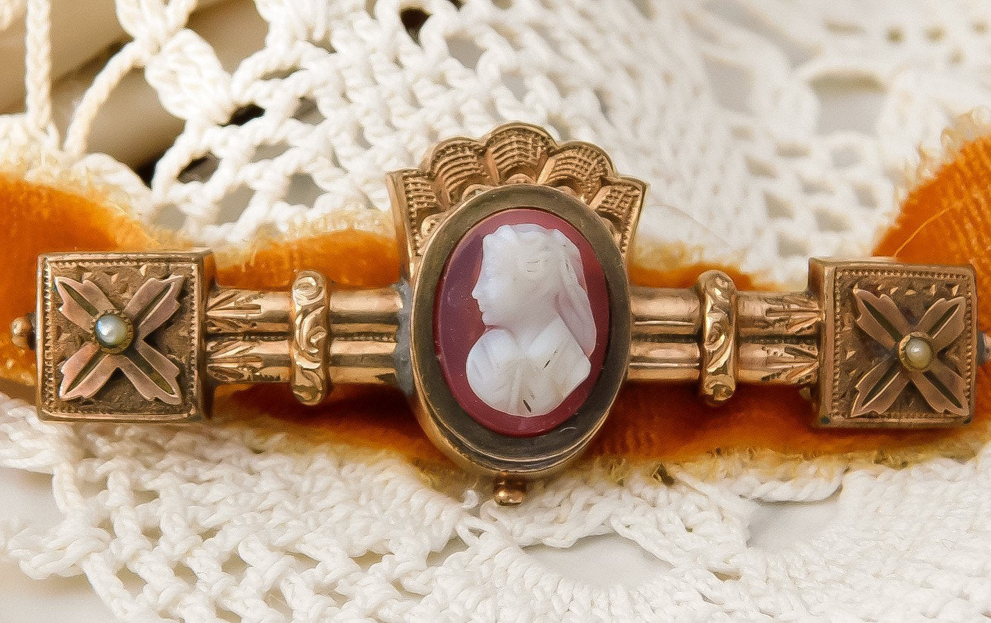 Victorian Gold Fill and Seed Pearl Bar Brooch with Cameo