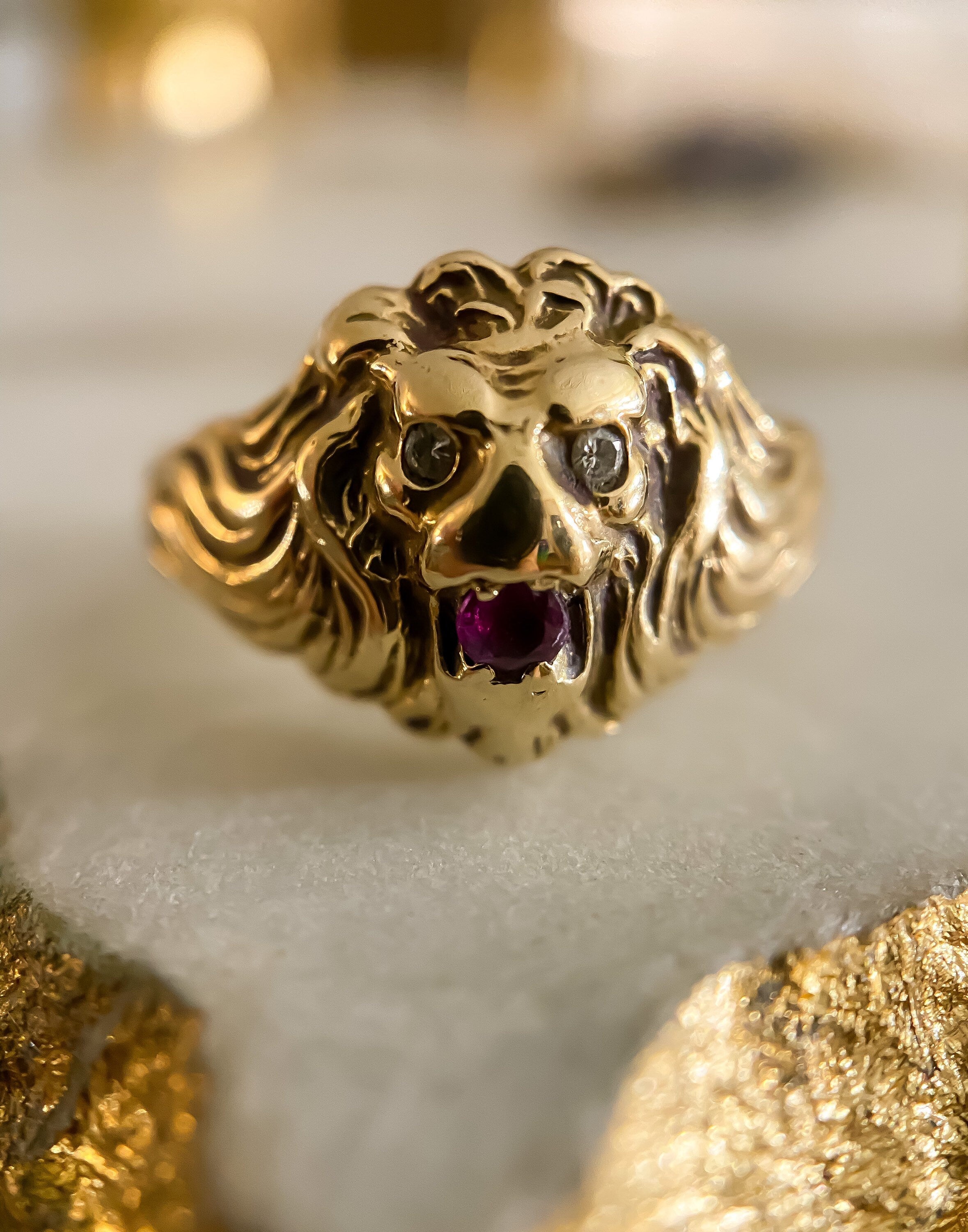 Rylos RYLOS Mens Rings 14K Yellow Gold Lion Head Ring Genuine Black Diamonds  Eyes and Gemstone Colorstone in Mouth Fun Designer