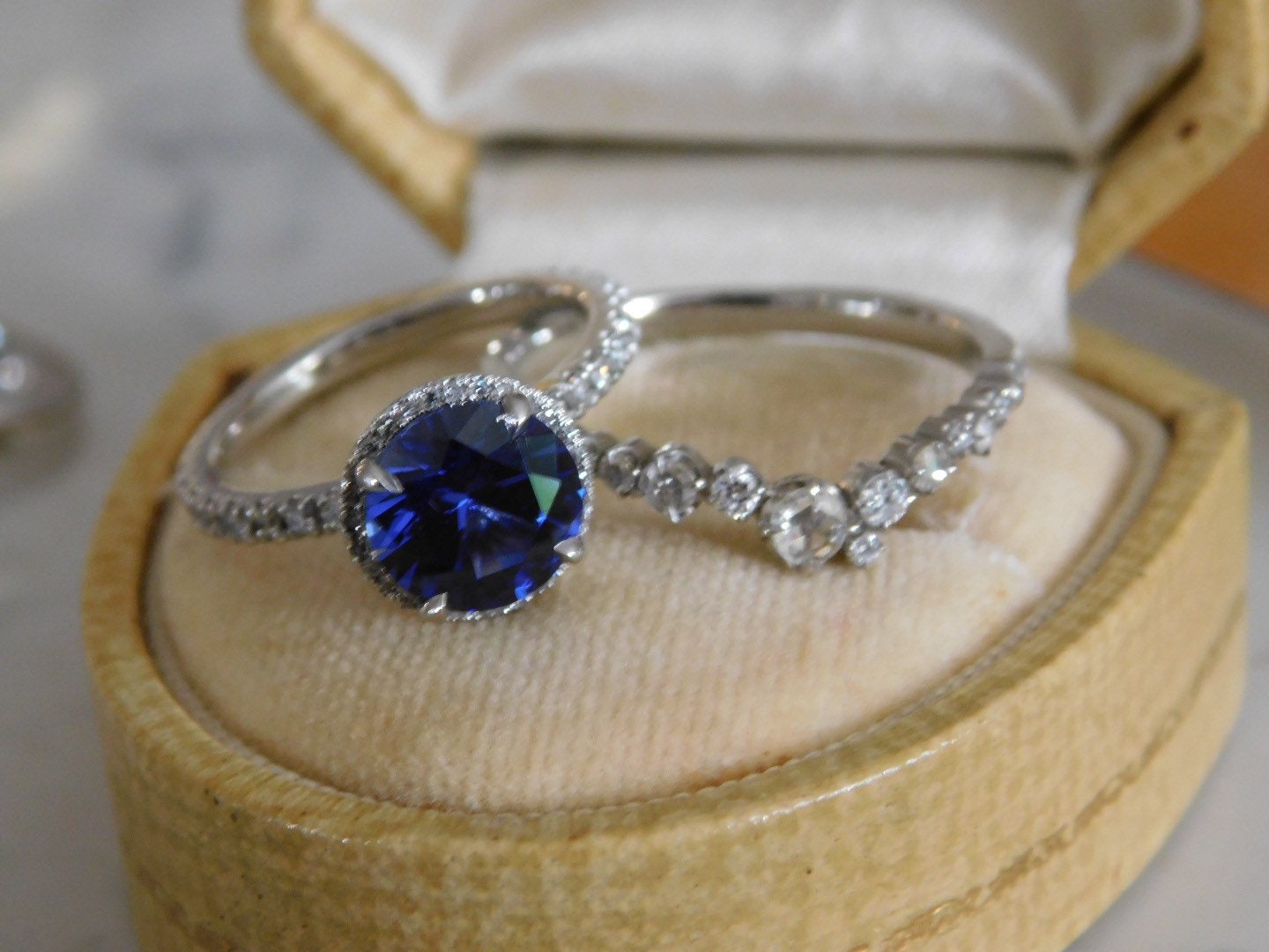 Estate Sapphire Ring with Diamond Halo in Platinum