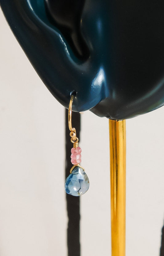 14K, Blue Topaz, and Pink Sapphire Earrings