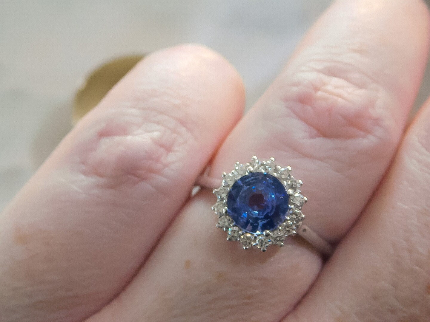 Cornflower Blue Ceylon Sapphire Ring with Natural Diamond Halo