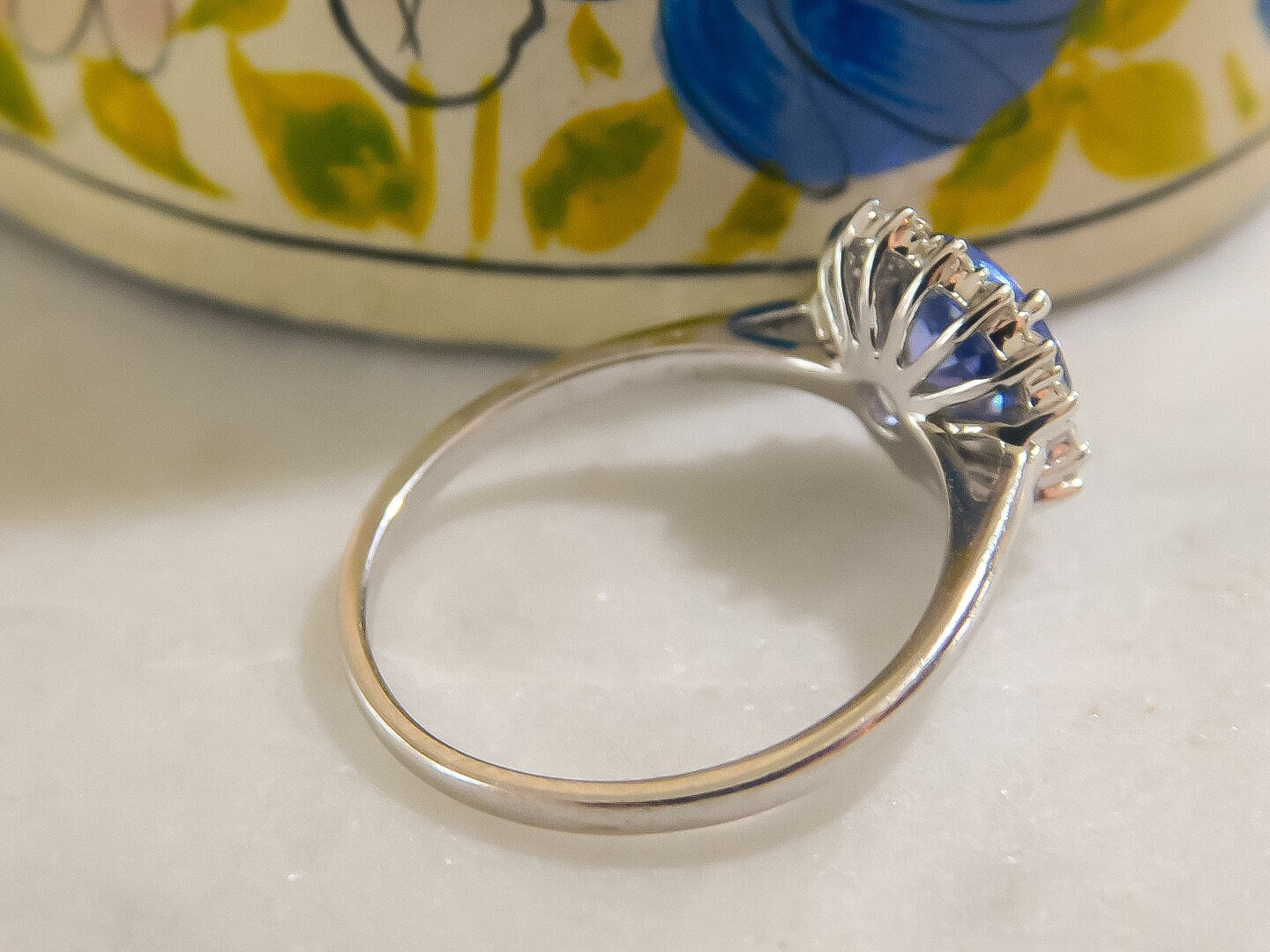 Cornflower Blue Ceylon Sapphire Ring with Natural Diamond Halo