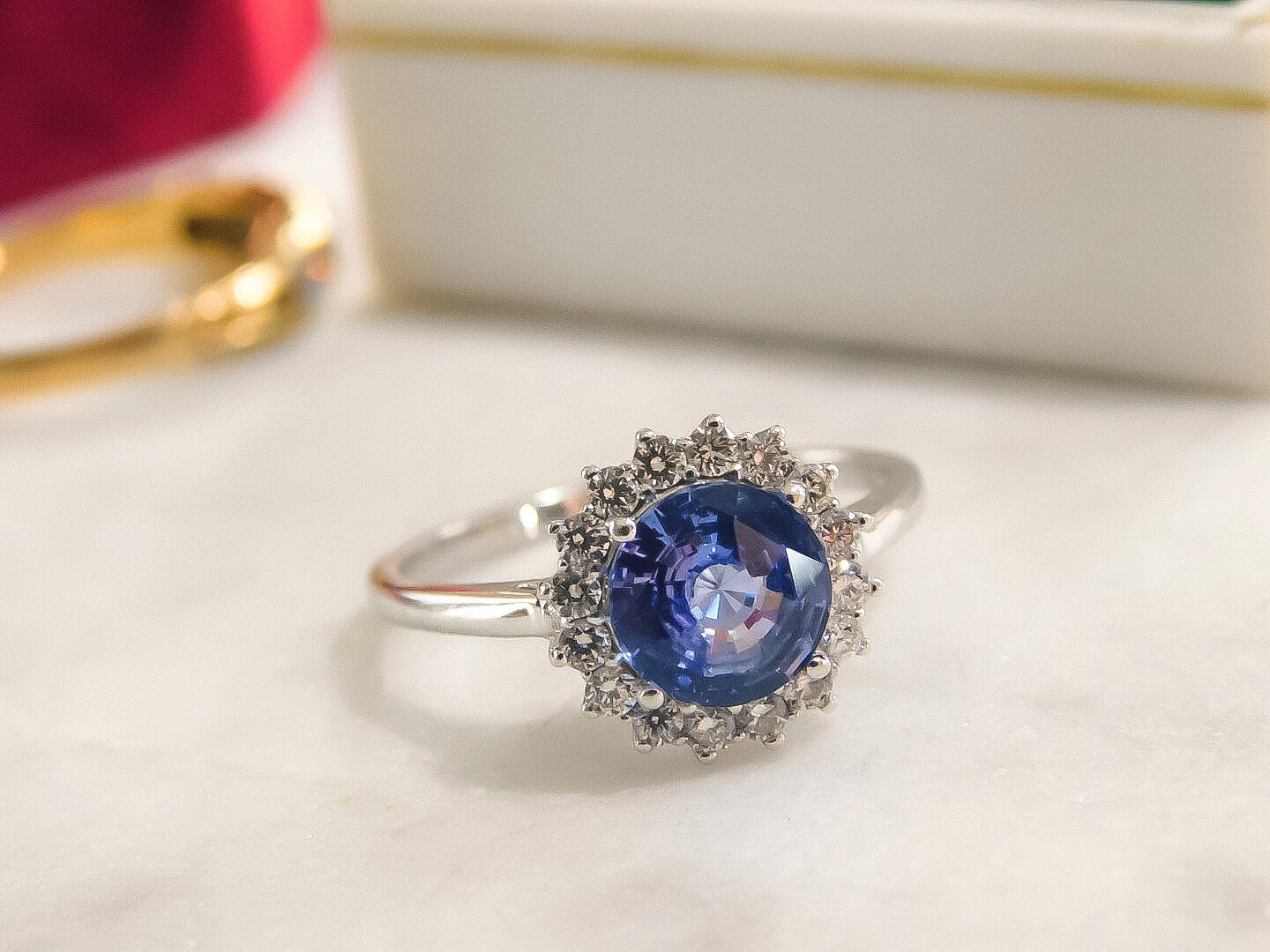 Cornflower Blue Ceylon Sapphire Ring with Natural Diamond Halo