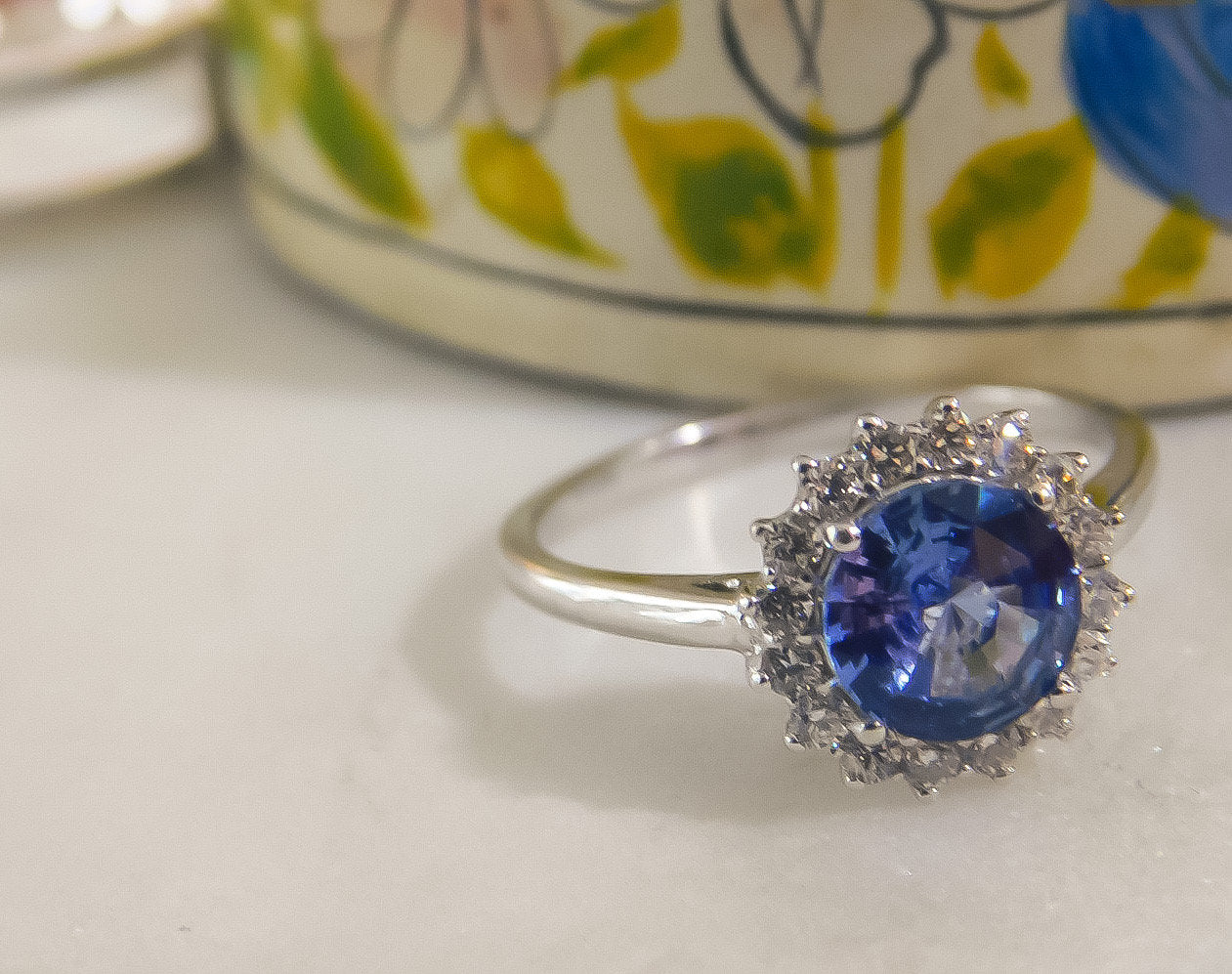 Cornflower Blue Ceylon Sapphire Ring with Natural Diamond Halo