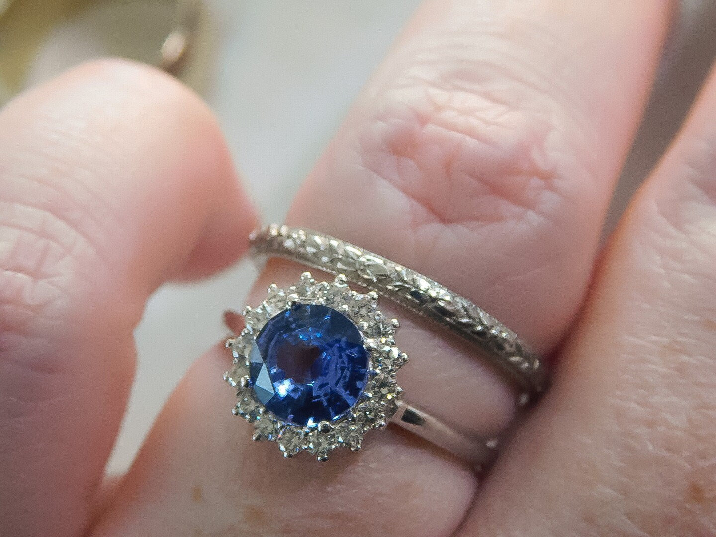 Cornflower Blue Ceylon Sapphire Ring with Natural Diamond Halo