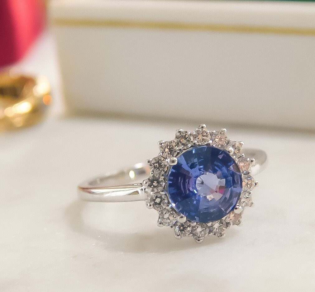 Cornflower Blue Ceylon Sapphire Ring with Natural Diamond Halo