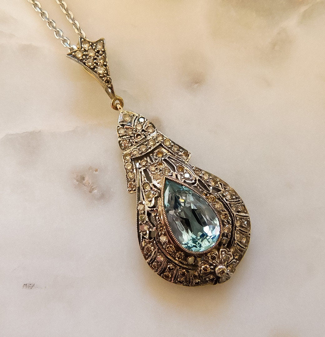 Vintage Aquamarine and Diamond Teardrop Necklace