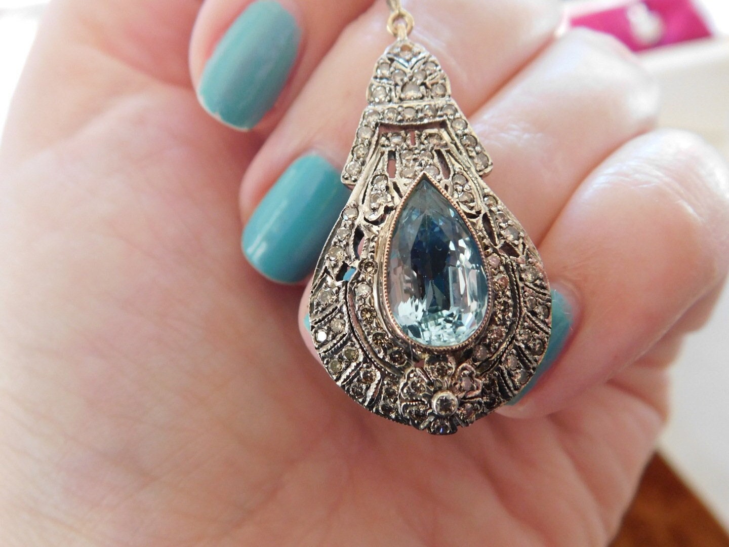 Vintage Aquamarine and Diamond Teardrop Necklace