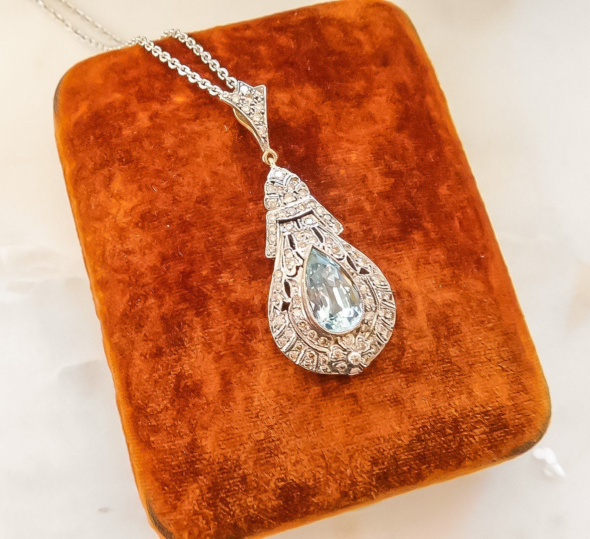 Vintage Aquamarine and Diamond Teardrop Necklace