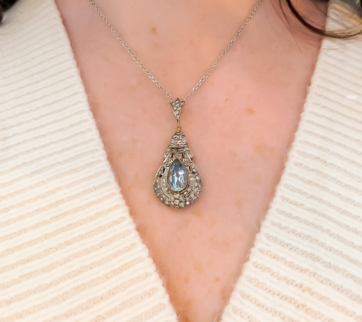 Vintage Aquamarine and Diamond Teardrop Necklace