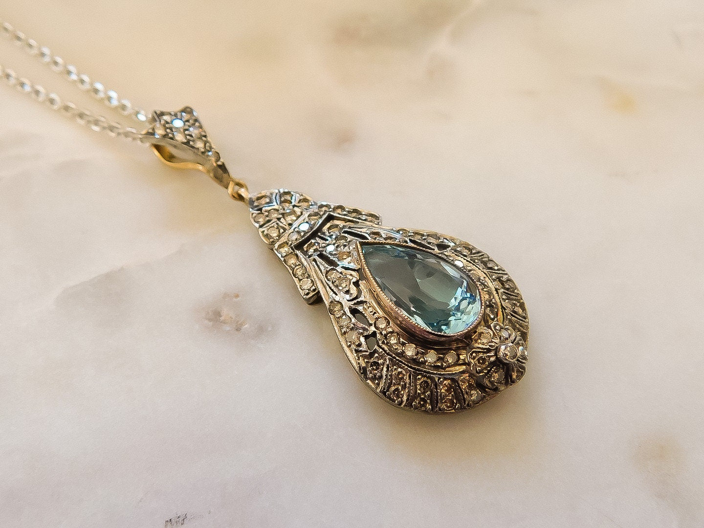 Vintage Aquamarine and Diamond Teardrop Necklace