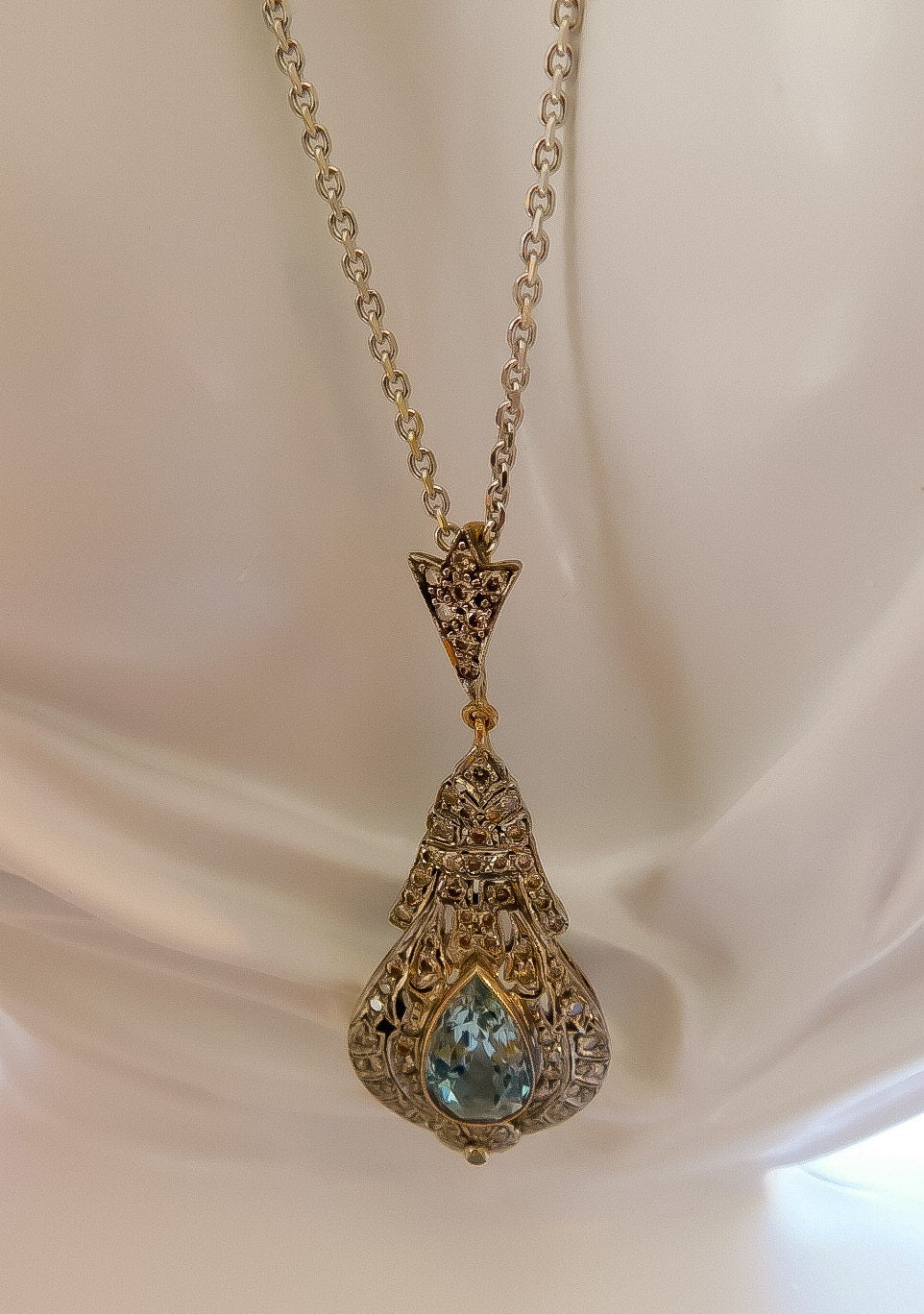 Vintage Aquamarine and Diamond Teardrop Necklace