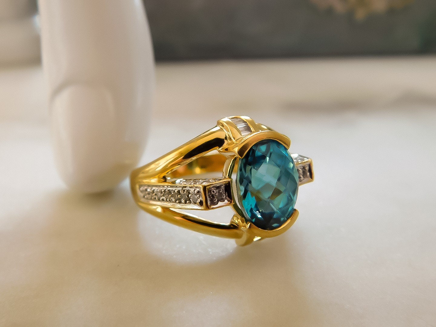 Sculptural Blue Zircon and Diamond Ring