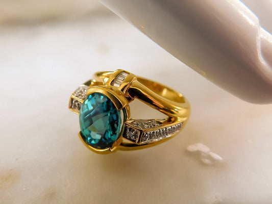 Sculptural Blue Zircon and Diamond Ring