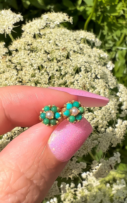 Vintage Turquoise and Pearl Flower Cluster Earrings