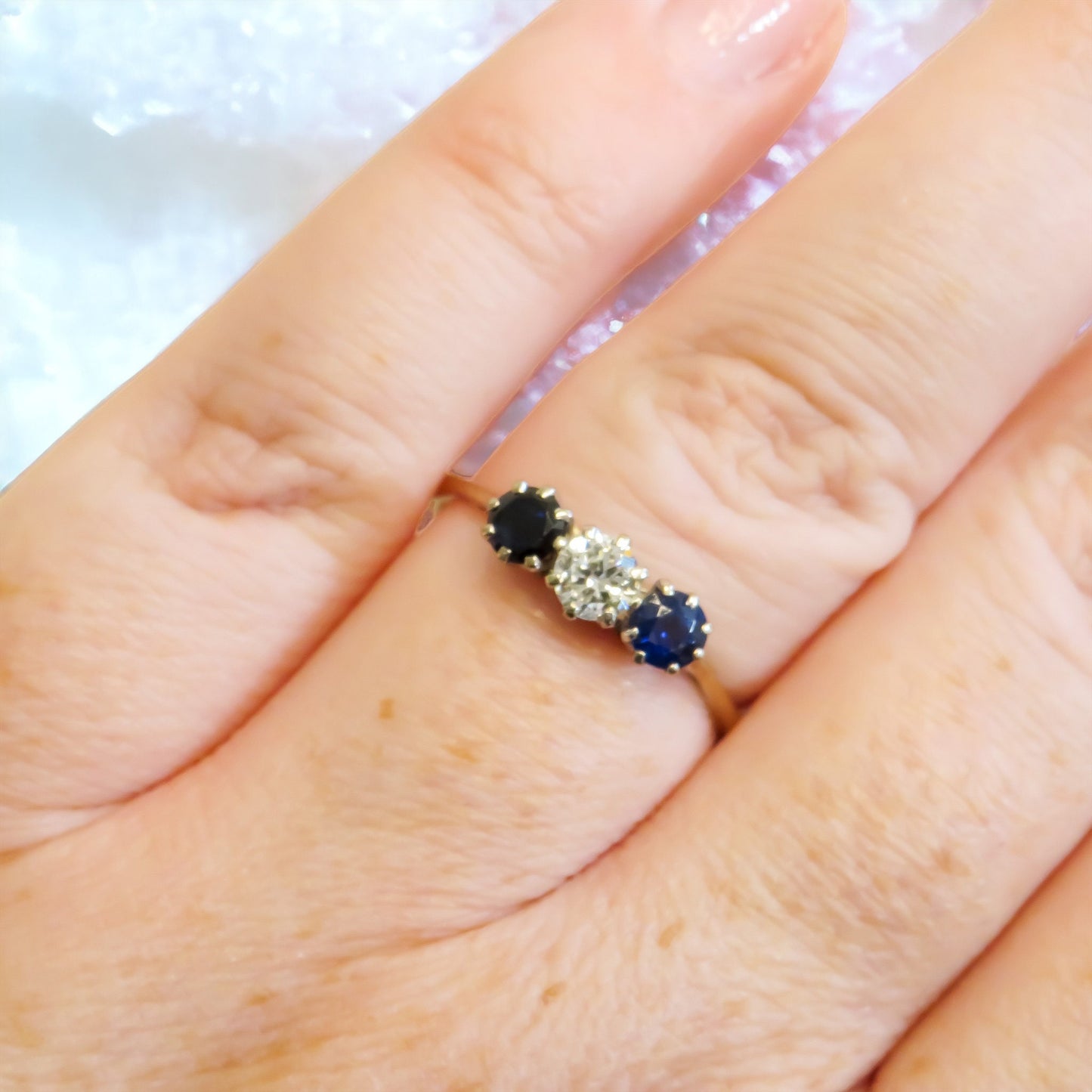 Art Deco Diamond and Sapphire Trilogy Ring in 18K Yellow Gold