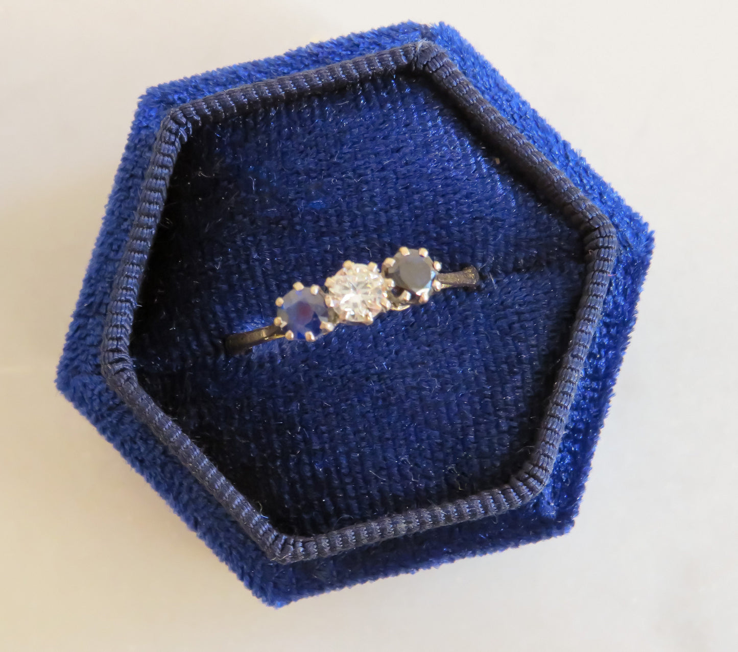 Art Deco Diamond and Sapphire Trilogy Ring in 18K Yellow Gold