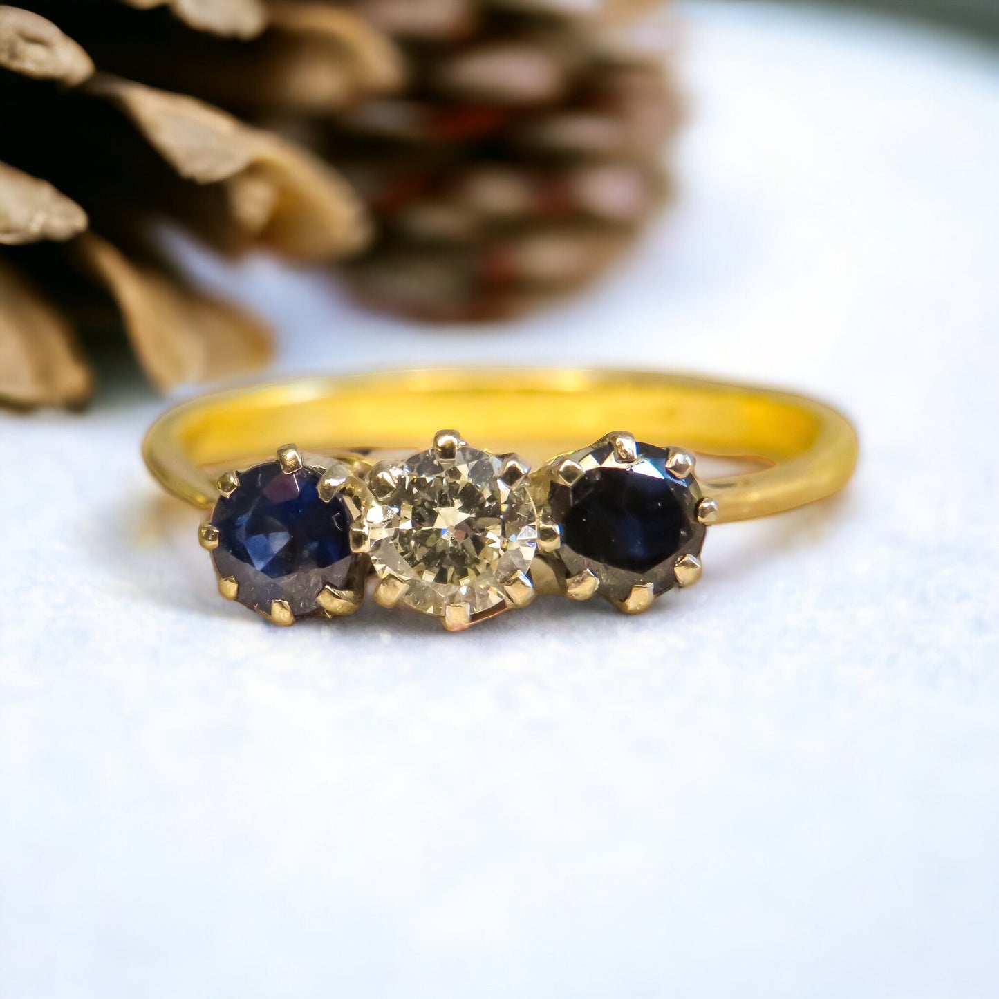 Art Deco Diamond and Sapphire Trilogy Ring in 18K Yellow Gold