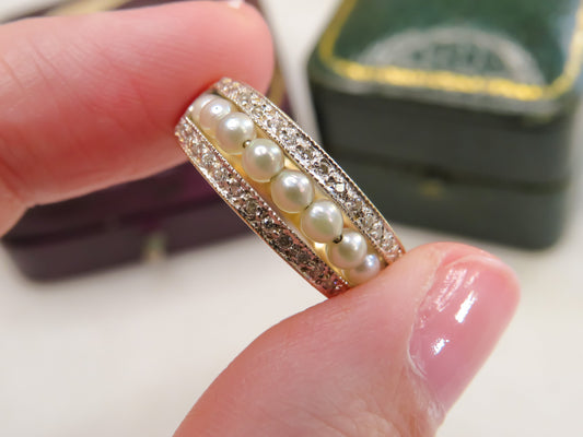 Vintage Pearl and Diamond Band in 14K Gold